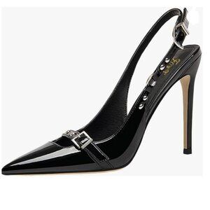 FOWT Black Rivet Studded Pointed Toe Pumps Sexy High Heel Slingback Shoes